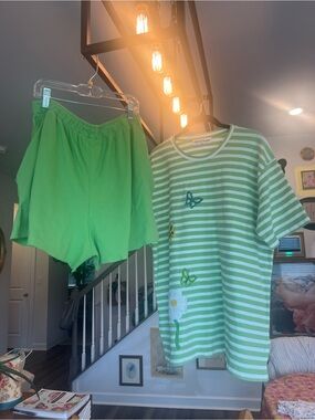 Light Green Striped Short-Sleeve Set with Butterfly & Daisy Embroidery - Women